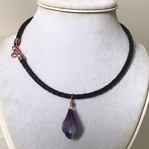 Ameythest Crystal Leather Cord Solid Copper Artisan Made Necklace